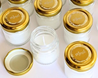 12-24 candles in a glass jar with cork lid, round label "Thank you" and twine - Wedding guest gift - Wedding accessory