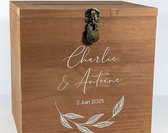 Large personalized dark wood urn with padlock - Wooden kitty - Wedding, birthday, baby shower, baptism, communion urn