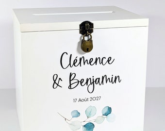 Large personalized white wooden urn with padlock - Wooden kitty - Wedding, birthday, baby shower, baptism, communion urn