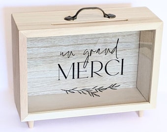 Urne en bois Un grand Merci | Urne anniversaire, bapteme, communion, mariage, départ retraite | Tirelire Cadeaux invités | Thème Voyage