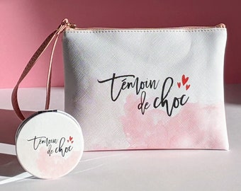 Bolso de embrague de boda y espejo - Kit de maquillaje de testigo - Cuero sintético - Testigo de choque - Mejor testigo - Regalo EVJF - Regalo de testigo