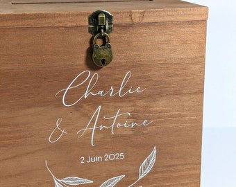 Urne En Bois « Merci » Blanche Et Dorée – 25x25x20 Cm, Avec Cadenas – Pour Mariage, Baptême, Anniversaire, Cagnotte
