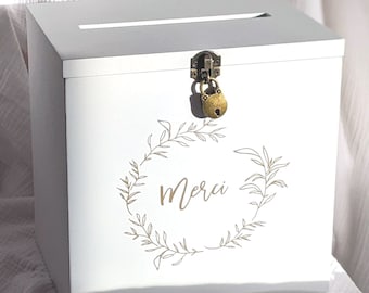 Large white wooden urn with padlock - &quot;Thank you&quot; wooden money pot - Wedding, birthday, baby shower, baptism, communion, retirement urn