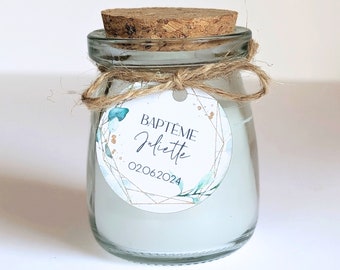 12-24 candles in a glass jar with cork lid, round label "Thank you" and twine - Wedding guest gift - Wedding accessory