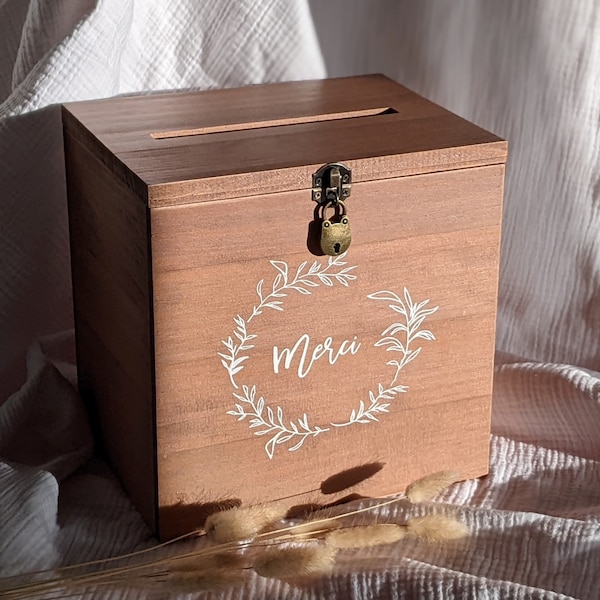 Grande urne en bois avec cadenas - Cagnotte en bois foncé "Merci" - Urne mariage en bois - Anniversaire - Baptême - Communion - Retraite