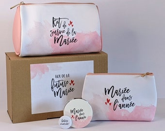 Bride-to-be box | Set of 4 accessories: clutch, mirror, badge + bridal survival kit | Wedding box - Bride gift - Bride to be