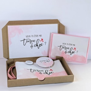 Box témoin mariage - Demande temoin mariage | Coffret 4 accessoires : pochette, miroir, badge + carte | Cadeau témoin, EVJF - Bride team
