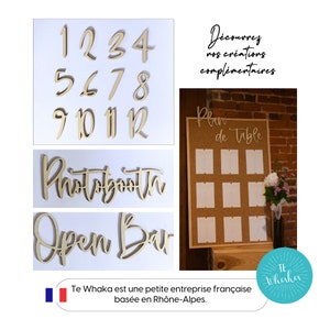 May include: Wooden numbers 1 through 12 in gold, the words "Photobooth" and "Open Bar" in gold, and a corkboard with the words "Plan de Table" in gold. The corkboard has white cards on it. The image also includes a French flag and the text "Te Whaka est une petite entreprise fran&ccedil;aise bas&eacute;e en Rh&ocirc;ne-Alpes."
