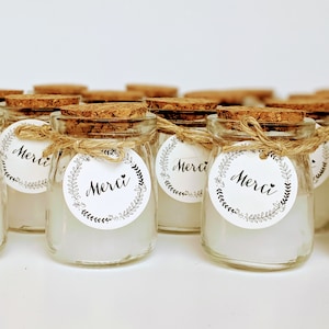 12-24 candles in a glass jar with cork lid, round label "Thank you" and twine - Wedding guest gift - Wedding accessory