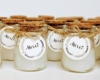 12-24 candles in a glass jar with cork lid, round label &quot;Thank you&quot; and twine - Wedding guest gift - Wedding accessory