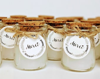 12-24 candles in a glass jar with cork lid, round label "Thank you" and twine - Wedding guest gift - Wedding accessory