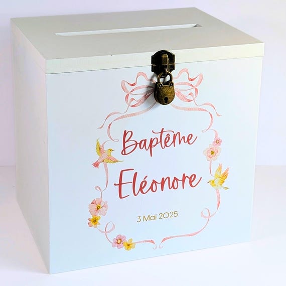Urne Mariage/Événement Personnalisable En Bois Avec Cadenas - 25x25x20 Cm (Blanche & Or) - Pour Enveloppes Cadeaux