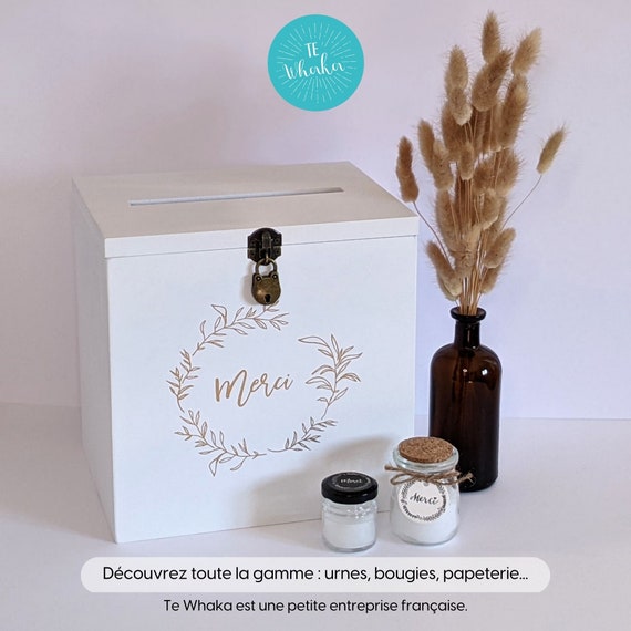 Urne Mariage Personnalisable En Bois 25x25x20cm - Blanche & Or Avec Cadenas - Pour Cadeaux, Enveloppes