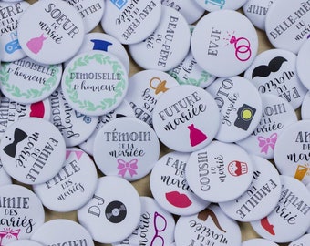 Set of 50 wedding badges to choose from