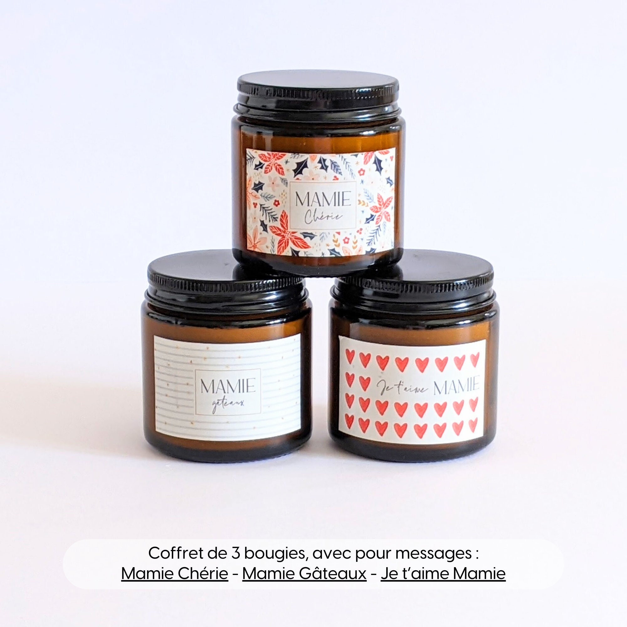 Coffret 3 Bougies Parfumées Mamie Chérie - Mamie Gâteaux - Je T'aime Mamie | Cadeau Fête Des Grands-Mères