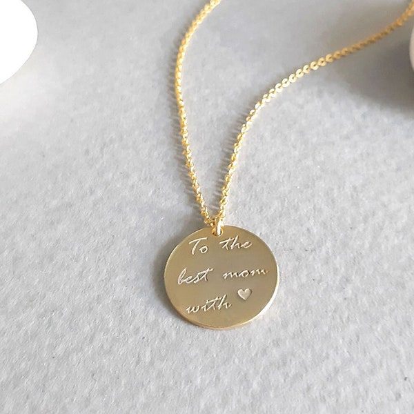 Real 14K Solid Gold Actual Handwriting Pendant Necklace , Memorial Signature Disk, Personalized Own Handwritten Disc Pendant Loss Gift