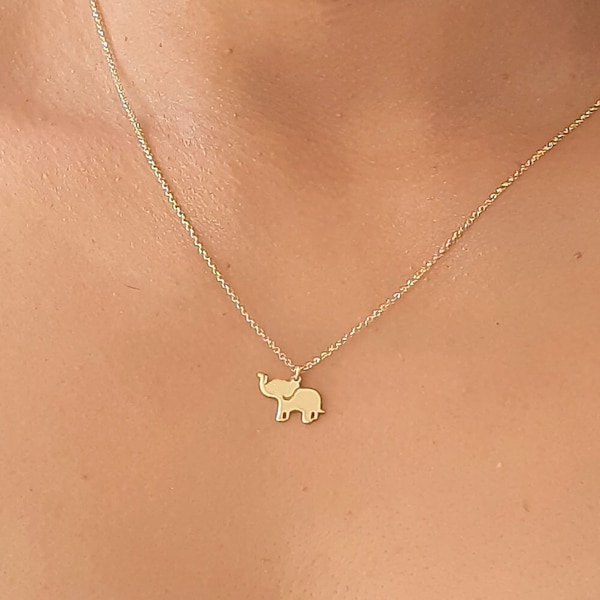 Collier éléphant en or massif 14 carats, collier porte-bonheur, pendentif en or délicat, collier animal, cadeau en or collier minimaliste pour elle