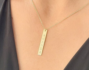 14K white Gold Custom Bar Necklace,  Solid gold Necklace, Personalized , vertical bar necklace, name plate necklace , dainty gold necklace