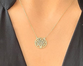 14k Goldbaum des Lebens Halskette, zierliche Halskette, solide Goldkette, Baum des Lebens Anhänger Halskette, Halsketten für Frauen, Geburtstagsgeschenk