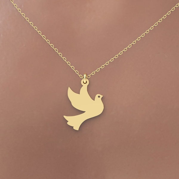 14K Solid Gold Bird Necklace, Cute Dainty Flying Bird Pendant, Gold Wing, Gold Swallow Charm, Minimalist Delicate Necklace, Dove Pendant