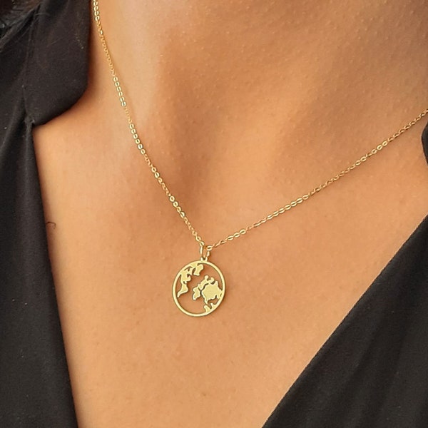 14k Solid Gold Earth Necklace, Dainty World Map medallion Necklace, Gold Coin Globe Necklace, Gold Disc WanderLust Necklace, gift for her