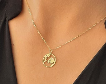 14k Solid Gold Earth Necklace, Dainty World Map medallion Necklace, Gold Coin Globe Necklace, Gold Disc WanderLust Necklace, gift for her