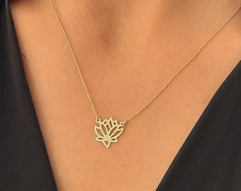 Lotus flower necklace in 14k solid gold, Dainty Necklace in 14k yellow gold, yoga jewelry lotus flower charm, unique flower gift for her