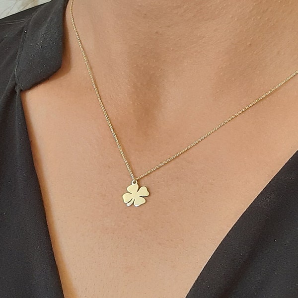 14K Yellow Gold four leaf clover necklace, 14k solid gold necklace, Dainty clover necklace, Solid gold chain , clover luck charm necklace