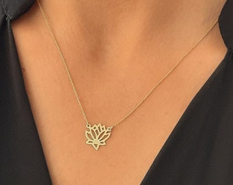 Real 14k Solid Gold Minimal Lotus Flower Necklace, 9kt  & 14kt  Solid gold lotus flower necklace -  solid gold chain , 14k gold necklace