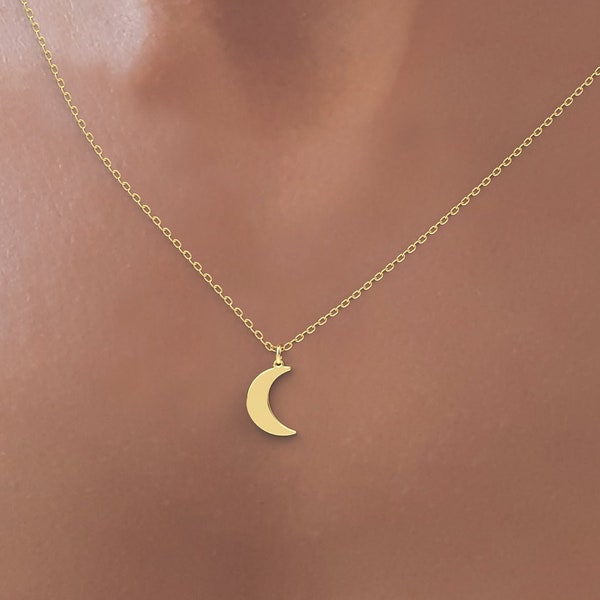 Delicado collar de luna de oro macizo de 14K, colgante de luna creciente, perfecto para collar en capas, joyería de luna de oro real, collar de luna creciente