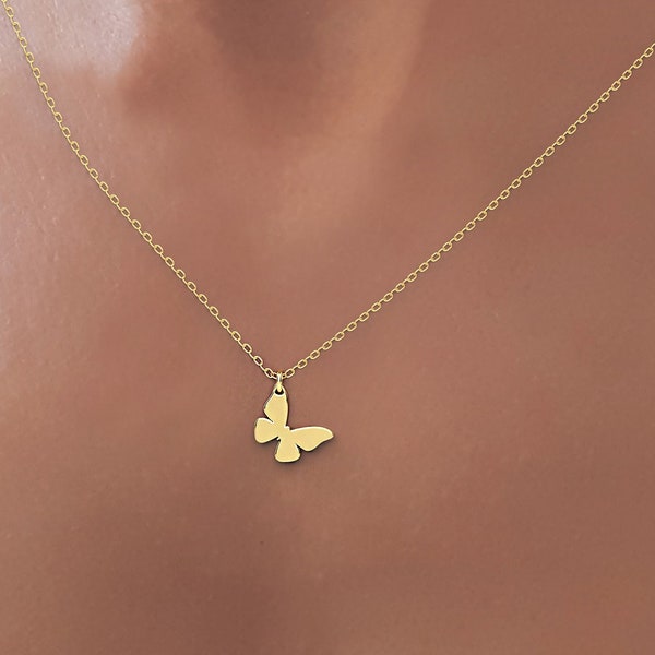 Tiny Gold Butterfly Necklace, Minimalist Gold Charm Pendant, Dainty 14k Solid Gold Karma Butterfly Necklace, Unique dainty gold necklace