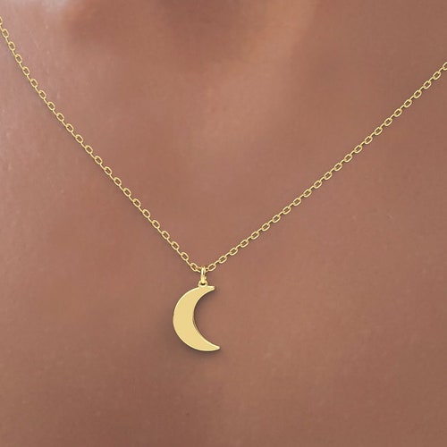 Dainty 14K Solid Gold Moon Necklace Crescent Moon Pendant Etsy
