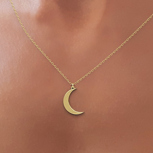 Collar de media luna de oro macizo de 14k, collar de luna creciente en oro macizo de 14K, collar delicado de media luna único regalo colgante para ella