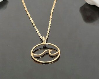 14K Yellow gold sea wave necklace,  Simple Geometric Layering Necklace in solid gold necklace, Circle necklace thin gold chain , gold charm