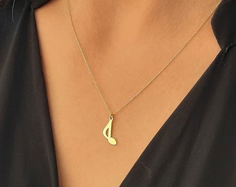 14K Solid Gold Music Note Necklace, yellow gold Necklace , solid gold thin chain, Gold Musical Pendant, Music Jewelry, Gold Notes, Gift