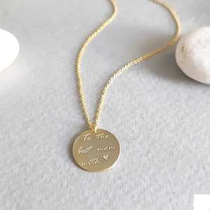 Solid Gold Handwritten Pendant, 14K Yellow Gold Necklace, Engraved Disc Charm, Personalized Jewelry, Custom Disc, Handwriting Gift For Her