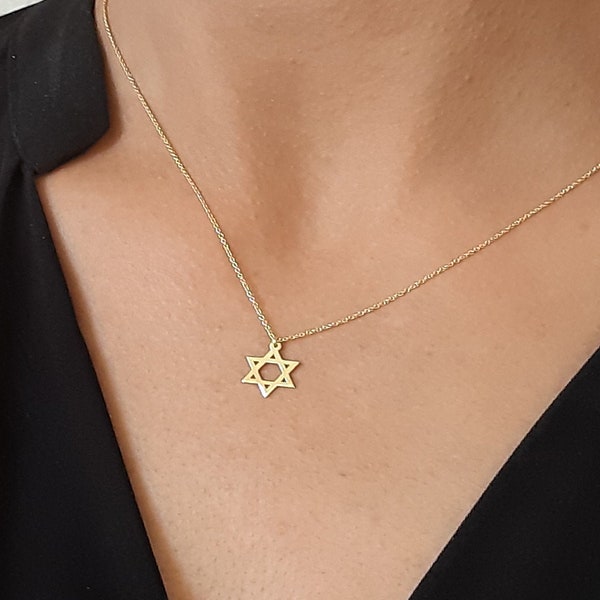 14k massief gouden David ster ketting, geel gouden ketting, David ster charme, dunne ketting, 14k Rose Gold Star sieraden, unieke Chanoeka cadeau