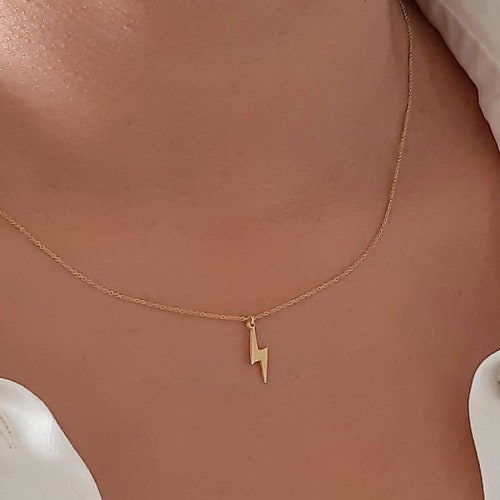 14k Solid Gold Bolt Necklace Lightning Necklace Tiny Bolt Etsy