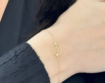 14K Yellow gold sea wave Bracelet, Simple Geometric luck bracelet in solid gold, Nautical charm, Circle bracelet  14K gold chain women gift