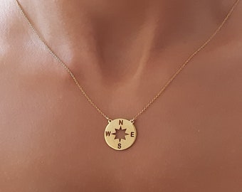 14k Solid Gold Compass necklace, 14k yellow gold necklace, Compass rose gold charm, Solid gold necklace, white gold necklace, 14k gold charm