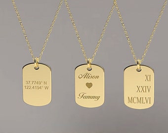 14K Gold Personalized Necklace Dog Tag, Engravable Gold Tag Pendant, Personalized Gift, Minimalist Dog Tag, Solid Gold Custom Charm gift