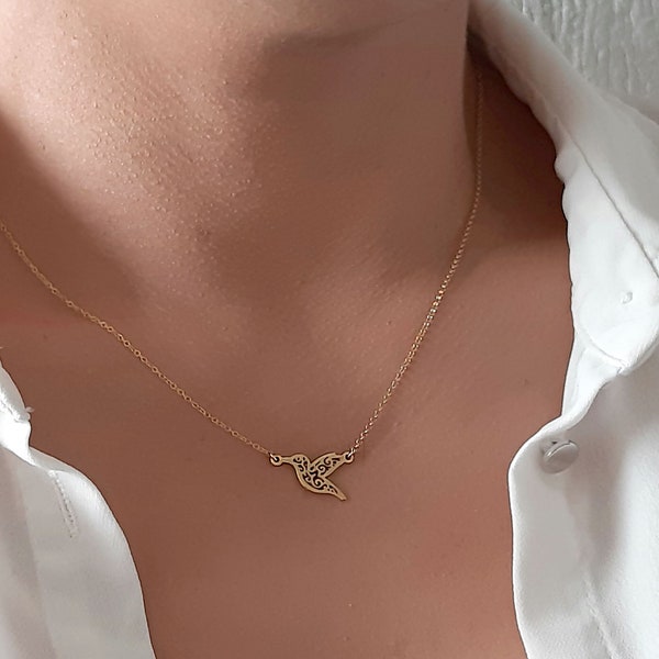 Collier colibri en or jaune 14 carats, collier en or massif, pendentif colibri en or, chaîne délicate, bijoux oiseau, cadeau unique pour femme