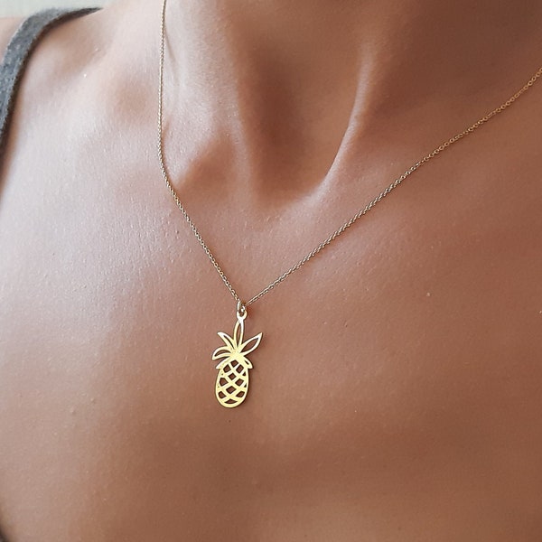 Solid Gold Ananas Halskette, 14k Gelbgold Halskette, Zierliche Ananas Charm, Solid Gold Halskette, Ananas Charm Halskette, Geschenk für sie