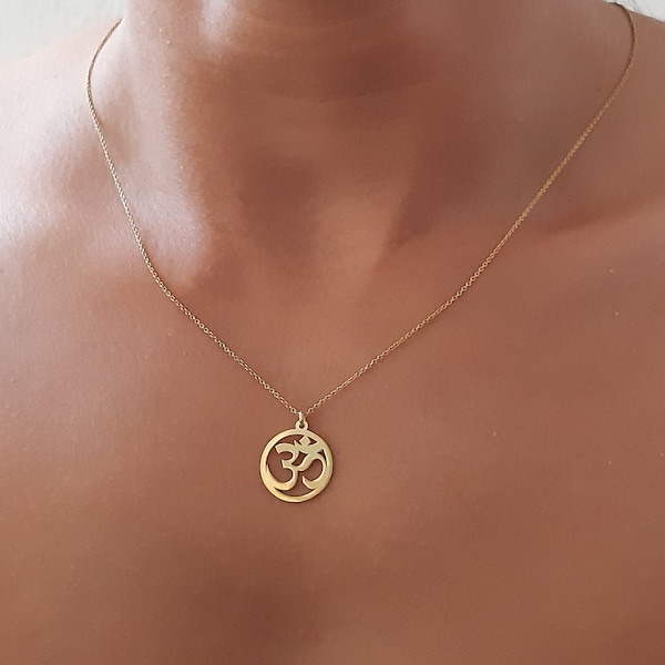 14K Yellow gold Om necklace, Yoga jewelry solid gold Om necklace, om pendant, Lotus charm, Lotus Yoga Charm, Yoga pendant, dainty necklace