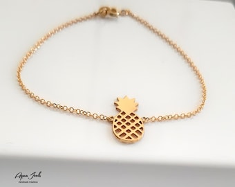 Bracelet ananas, bracelet en or 14 carats, or jaune, bracelet tropical, breloque fruit en or, bijoux ananas, or massif, bracelet exotique