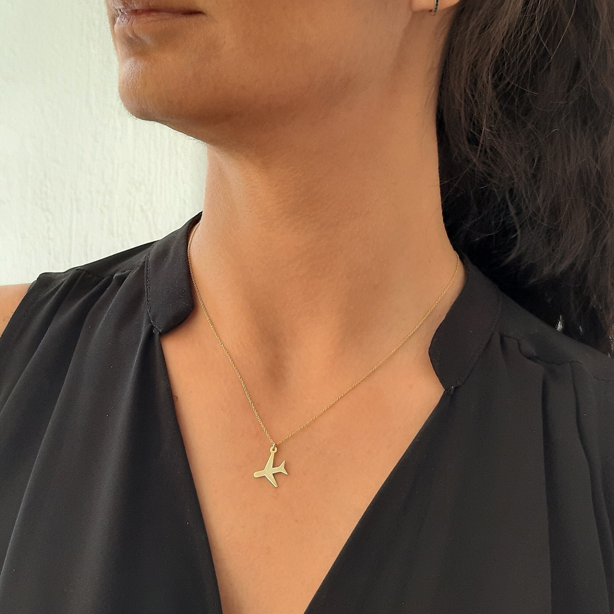 14K Gold Airplane Necklace, Plane Choker, Travel Necklace, Pilots