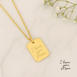 Collar con firma de escritura a mano personalizada, dije de placa de identificación de oro macizo, colgante de placa de identificación de oro de 14k, dije grabable, etiqueta con nombre grabado, regalo para ella