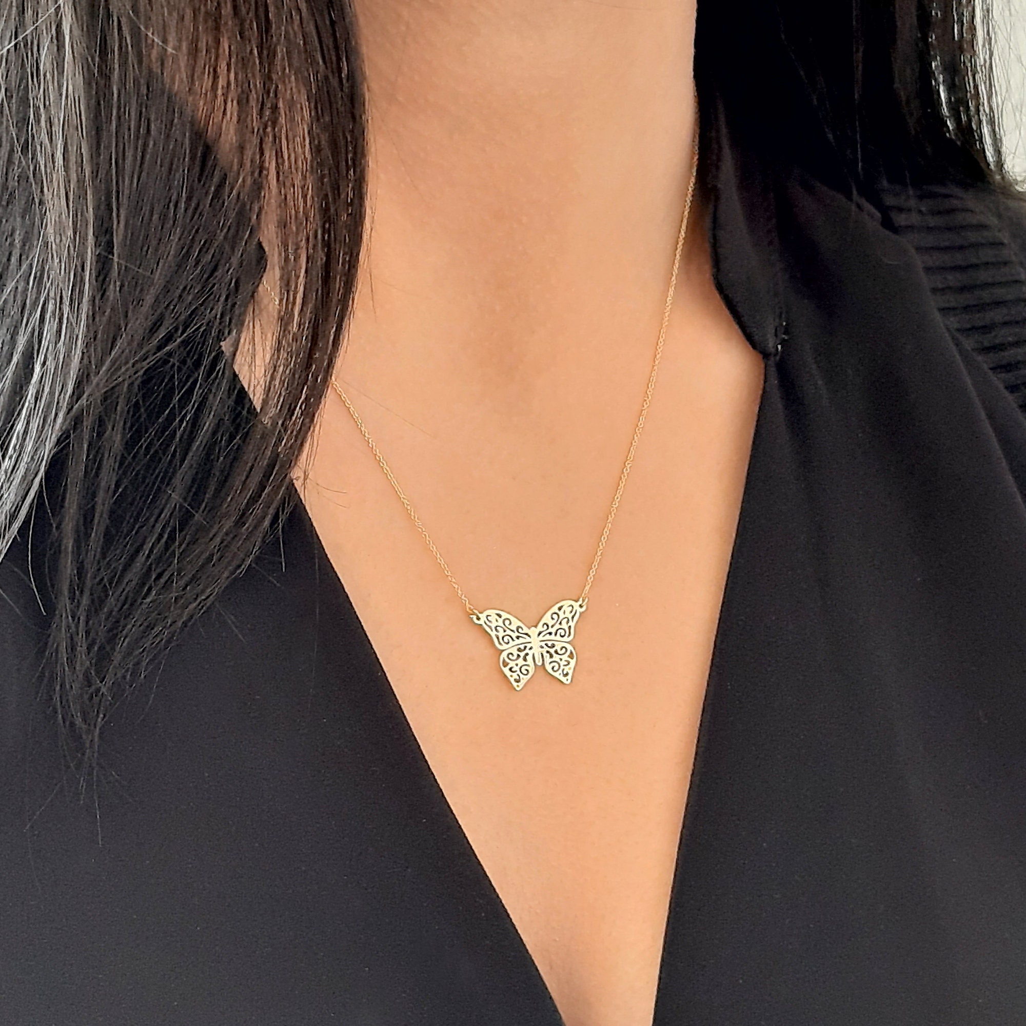 14k Yellow Gold Butterfly Necklace Dainty Solid Gold Chain Etsy