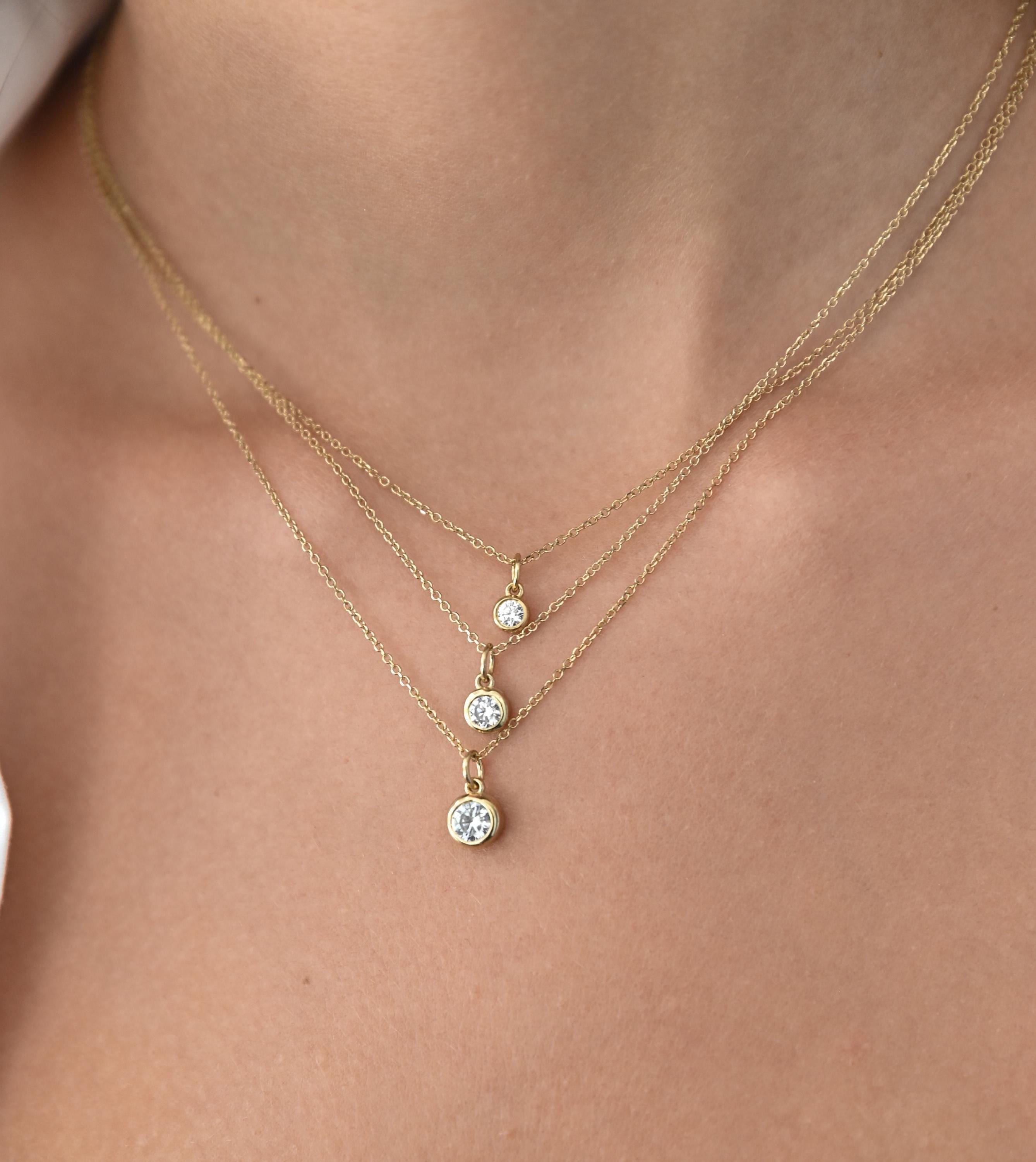 14Kt Gold Diamond Necklace, Diamond Solitaire Necklace, Dainty Diamond Necklace, Bridal jewelry ,  Diamond bezel Perfect Gift For Her mom