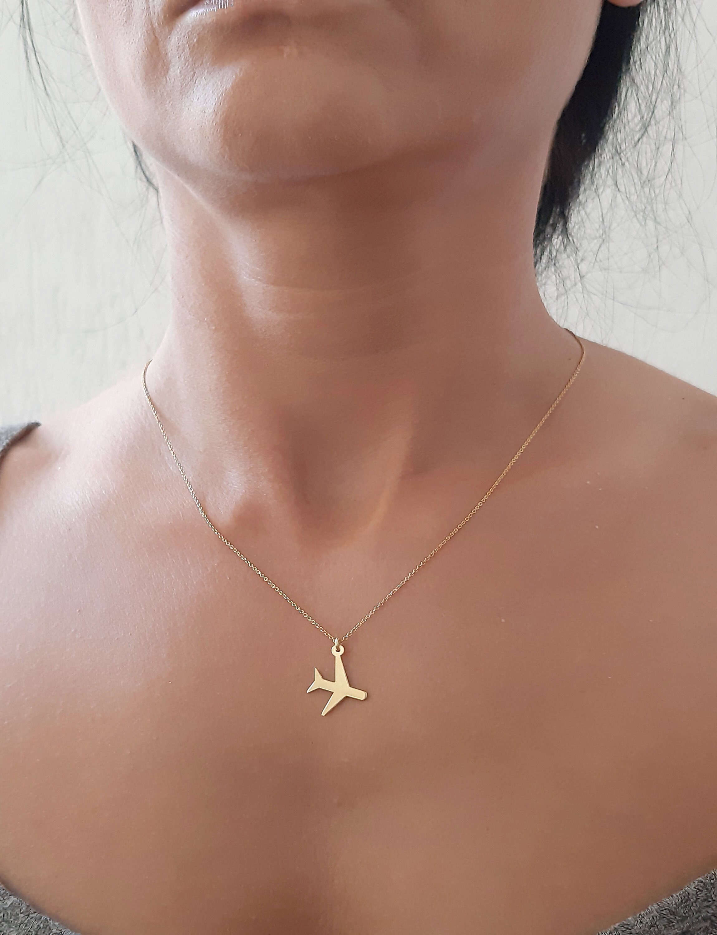 14K Gold Airplane Necklace, Plane Choker, Travel Pilots Flight